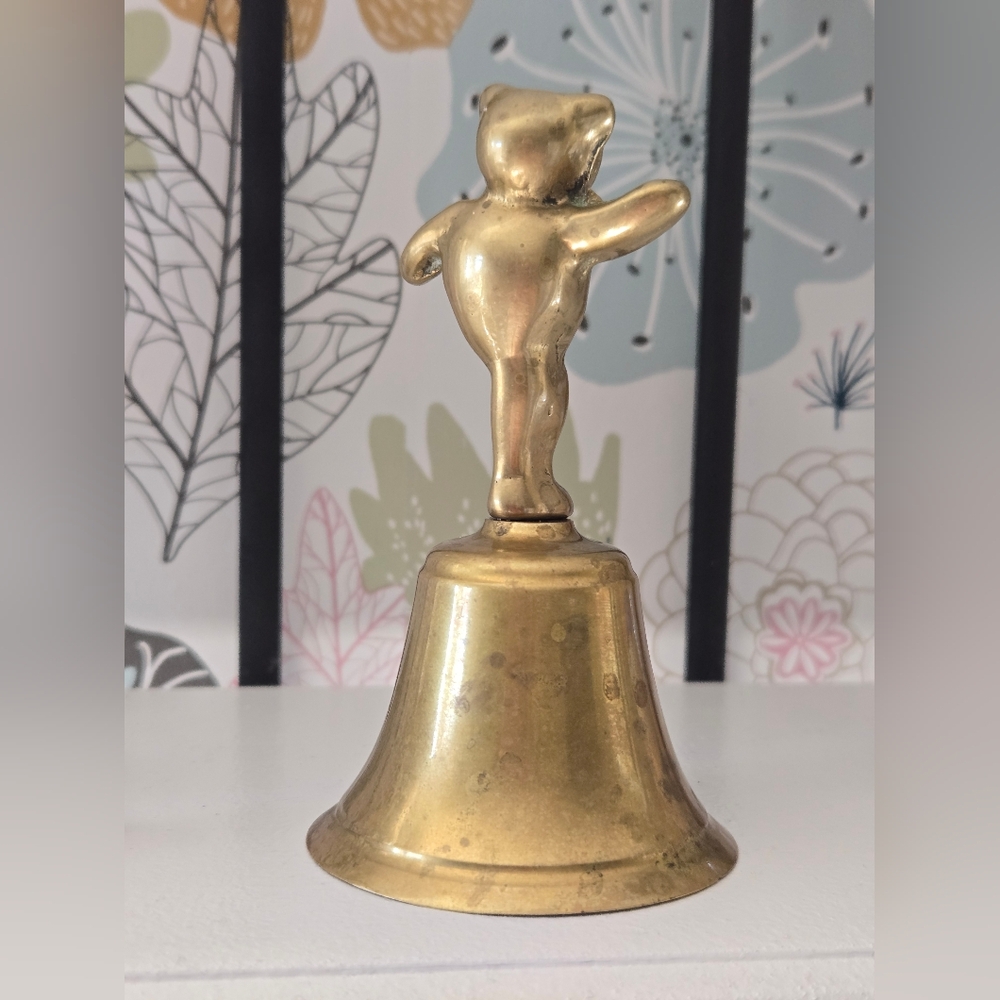Vintage Solid Brass Dancing Teddy Bear Hand Bell | Whimsical Nursery Decor - Picture 3 of 7